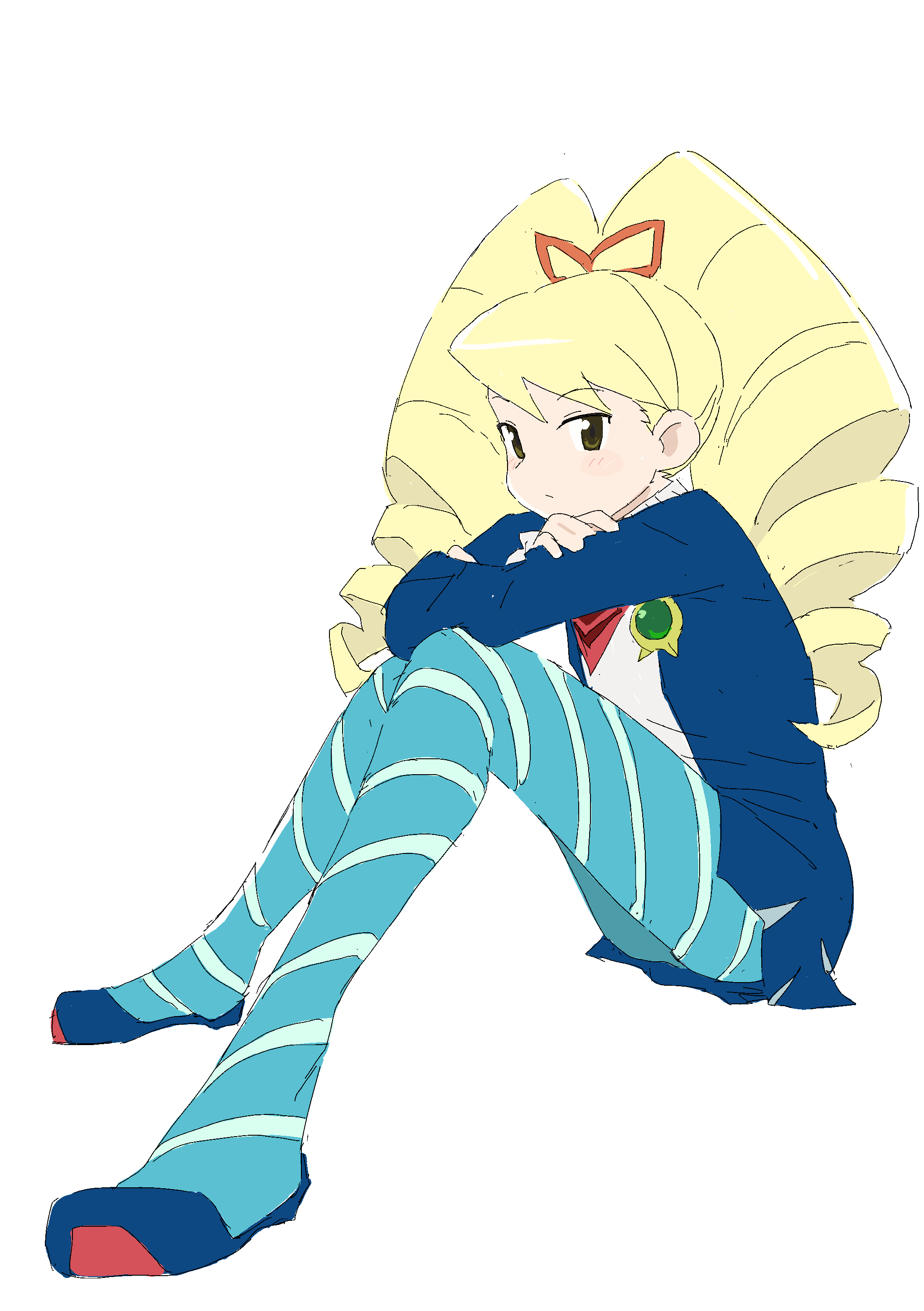 mmmkawaine, luna platz (mega man), mega man (series), mega man star force (series), absurdres, highres, 1girl, big hair, blonde hair, blue pantyhose, drill hair, green eyes, knees up, long hair, pantyhose, red visor, simple background, sitting, solo, striped clothes, striped pantyhose, twin drills, white background