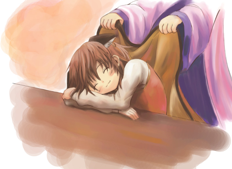 hyuuga azuri, chen, yakumo ran, touhou, 2girls, animal ears, blanket, blush, brown hair, cat ears, cat girl, closed eyes, covering with blanket, earrings, female focus, jewelry, long sleeves, multiple girls, no headwear, short hair, sleeping, wide sleeves