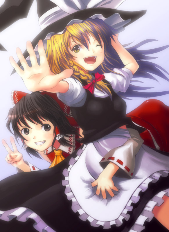 hyuuga azuri, hakurei reimu, kirisame marisa, touhou, 2girls, apron, ascot, black hair, blonde hair, bow, brown eyes, brown hair, collar, detached sleeves, female focus, hair bow, hat, holding, holding unworn clothes, holding unworn hat, hug, long sleeves, looking at viewer, multiple girls, puffy short sleeves, puffy sleeves, red bow, ribbon-trimmed sleeves, ribbon trim, short sleeves, unworn hat, unworn headwear, waist apron, witch hat