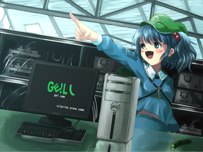hyuuga azuri, kawashiro nitori, touhou, translated, 1girl, blue eyes, blue hair, blue shirt, blush stickers, breasts, building, cable, collar, collared shirt, computer, computer keyboard, cucumber, electric plug, female focus, flat cap, frilled shirt collar, frills, green hat, hair bobbles, hair ornament, hard drive, hat, indoors, key, keyboard, long sleeves, open mouth, pocket, pointing, pointing to the side, reflection, romaji text, shirt, short hair, small breasts, smile, solo, two side up, white collar