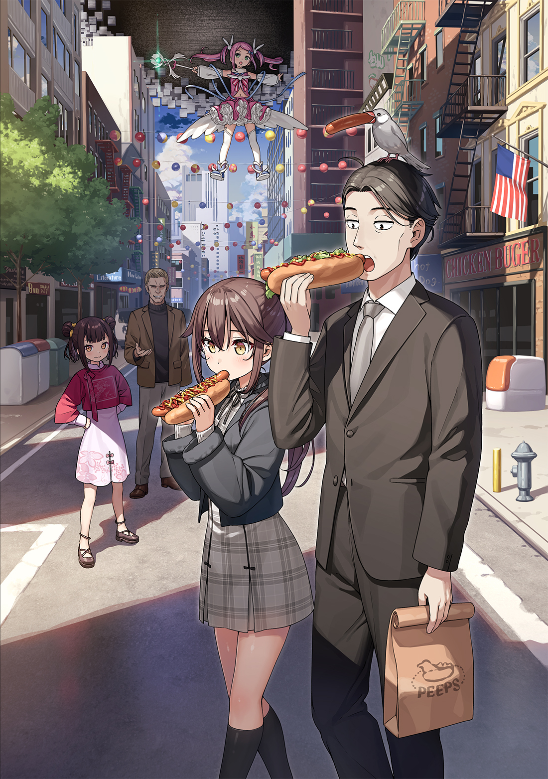 kantoku, colonel mason (sasaki to p-chan), magical pink (sasaki to p-chan), otonari-san (sasaki to p-chan), p-chan (sasaki to p-chan), sasaki (sasaki to p-chan), sasaki to p-chan, highres, 2boys, 2girls, bag, bird, black hair, black pants, black shirt, black shoes, black socks, black suit, blonde hair, blush, bread, breasts, brown eyes, brown hair, brown jacket, brown shoes, building, china dress, chinese clothes, closed mouth, cloud, collared shirt, cowboy shot, detached sleeves, double bun, dress, dress shoes, eating, flag, flats, food, formal clothes, full body, green eyes, grey jacket, grey necktie, grey pants, grey ribbon, hair between eyes, hair bun, hair ornament, hair ribbon, hair slicked back, hand up, hands on own hips, holding, holding bag, holding food, holding rod, hot dog, inrin (sasaki to p-chan), jacket, java sparrow, ketchup, long hair, long sleeves, looking at viewer, magical girl, medium hair, multiple boys, multiple girls, mustard, necktie, open hand, open mouth, outdoors, pants, paper bag, parted bangs, pink dress, pink hair, plaid clothes, plaid dress, ponytail, rabbit hair ornament, ribbon, rod, sausage, shirt, shoes, short hair, sidelocks, skirt, sky, small breasts, smile, socks, standing, suit, suit jacket, teeth, thighhighs, town, trash can, twintails, two-handed, white thighhighs, yellow eyes, yellow ribbon