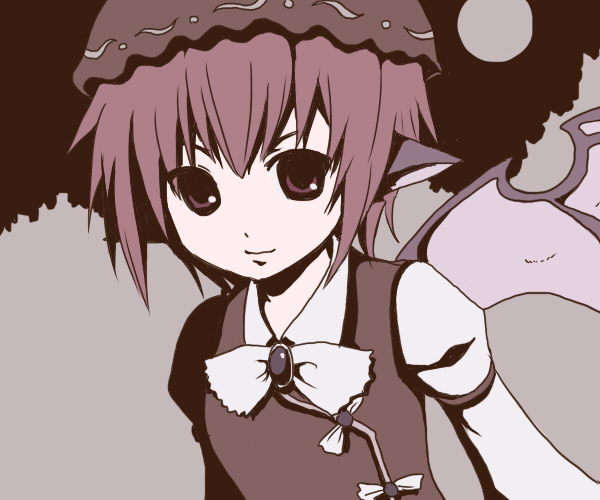 mystia lorelei, touhou, 1girl, blush, bow, bowtie, brown dress, brown eyes, dress, female focus, frills, full moon, hat, long sleeves, looking at viewer, mob cap, moon, pointy ears, red hair, smile, solo, upper body, white bow, white bowtie, wings