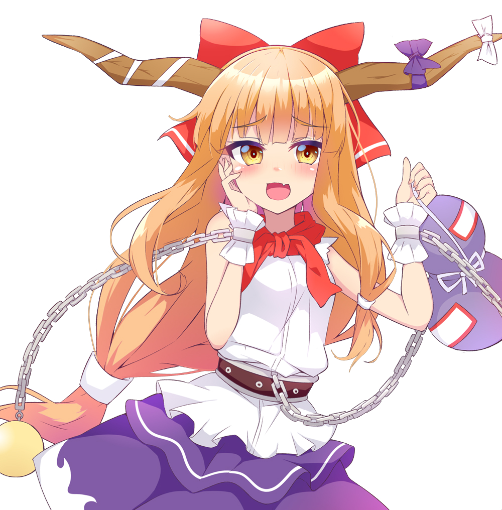 tanaka shoushou fumimaro, ibuki suika, touhou, commentary request, 1girl, :d, belt, black belt, blonde hair, blue bow, blush, bow, chain, cowboy shot, cuffs, fang, frilled wrist cuffs, frills, gourd, hair bow, hand on own cheek, hand on own face, holding, holding gourd, horn bow, horn ornament, horns, long hair, open mouth, orb, purple skirt, red bow, shackles, shirt, simple background, skin fang, skirt, sleeveless, sleeveless shirt, smile, solo, white background, white bow, white shirt, wrist cuffs, yellow eyes