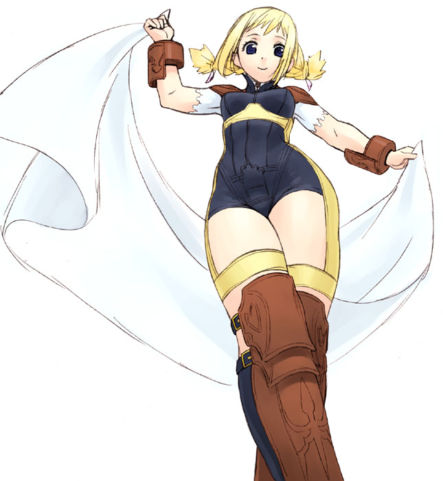 jinroku, penelo, final fantasy, final fantasy xii, 00s, 1girl, armband, armor, blonde hair, bodysuit, boots, brown boots, female focus, from below, greaves, simple background, solo, twintails, unitard, white background