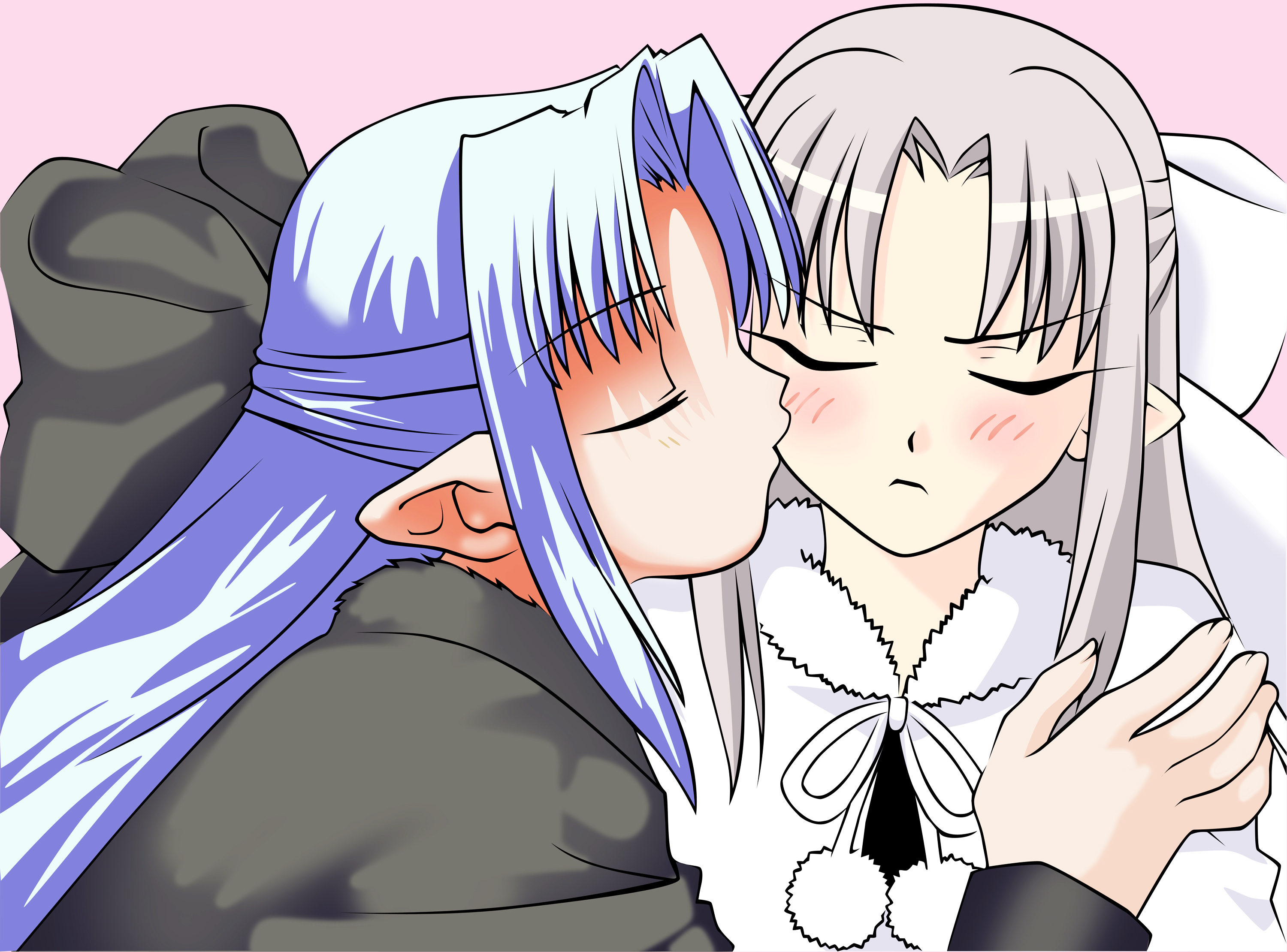 len (tsukihime), white len (tsukihime), melty blood, tsukihime, type-moon, derivative work, highres, vector trace, 00s, 2girls, blue hair, blush, half updo, kiss, multiple girls, pointy ears, ribbon, tsundere, white hair