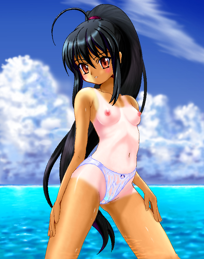 zz-r, shana, shakugan no shana, hand on thigh, 00s, 1girl, ahoge, black hair, blush, breasts, caustics, cloud, day, female focus, head tilt, long hair, looking at viewer, nipples, ocean, one-piece tan, outdoors, panties, parted lips, ponytail, red eyes, ribs, see-through clothes, shiny skin, small breasts, solo, spread legs, standing, tan, tanline, topfreedom, topless female, underwear, underwear only, very long hair, wet, wet clothes, white panties