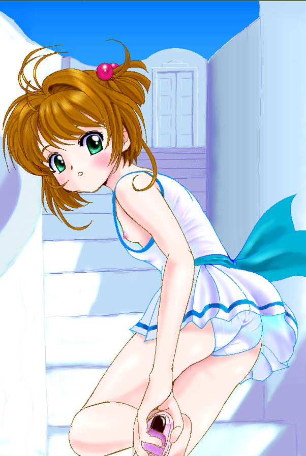 zz-r, kinomoto sakura, cardcaptor sakura, 1990s (style), 1girl, blush, brown hair, female focus, flat chest, green eyes, hair bobbles, hair ornament, high heels, looking back, nipple slip, nipples, panties, purple shoes, retro artstyle, ribbon, shoes, skirt, solo, stairs, underwear, upskirt, white panties, white skirt