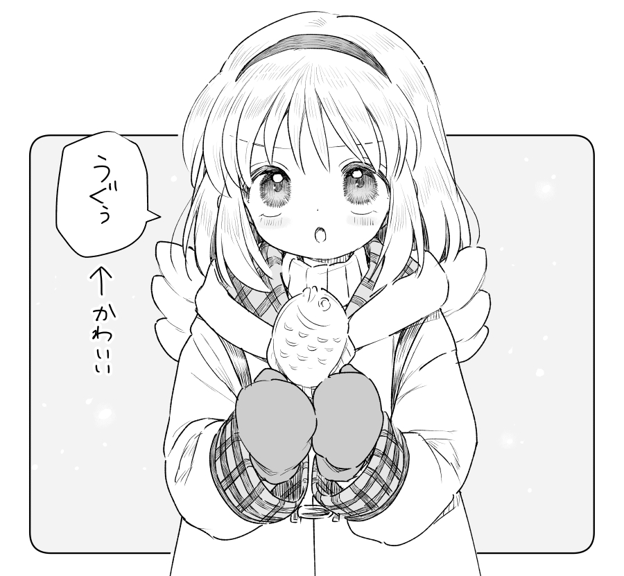 kari (kakko k), tsukimiya ayu, kanon, commentary request, translation request, 1girl, :o, arrow (symbol), food, greyscale, hairband, holding, holding food, hood, hood down, hooded coat, long sleeves, medium hair, mittens, monochrome, open mouth, solo, speech bubble, sweater, taiyaki, turtleneck, turtleneck sweater, wagashi, winged bag