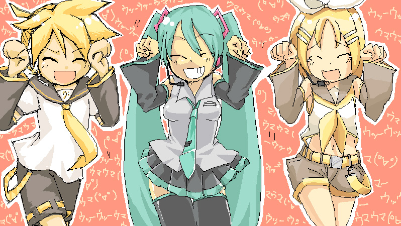 shinosuke (artist), hatsune miku, kagamine len, kagamine rin, vocaloid, bad id, bad pixiv id, 1boy, 2girls, aqua hair, brother and sister, caramelldansen, multiple girls, oekaki, siblings, thighhighs, twins, twintails, zettai ryouiki