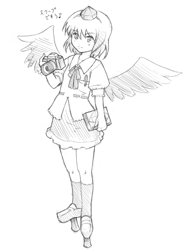 torque, shameimaru aya, touhou, 1girl, female focus, geta, greyscale, looking at viewer, monochrome, sketch, solo, tengu-geta