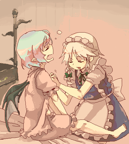 takishima asaka, izayoi sakuya, remilia scarlet, touhou, lowres, 2girls, barefoot, dress, dressing, dressing another, feet, female focus, maid, midriff, multiple girls, oekaki, sleepy, wings