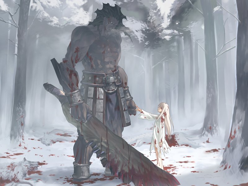 takeuchi takashi, heracles (fate), illyasviel von einzbern, fate/stay night, fate (series), blade, game cg, non-web source, 00s, 1girl, armor, belt, blood, blood on clothes, bracer, club (weapon), fog, forest, giant, hatchet, huge weapon, loincloth, long hair, manly, nata (tool), nature, official alternate costume, size difference, snow, sword, weapon, white hair, winter, wolf