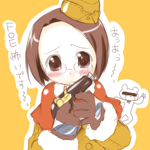manjiduka, gunner (sekaiju), gunner 4 (sekaiju), atlus, etrian odyssey, lowres, 1girl, bar censor, brown eyes, brown hair, capelet, censored, censored identity, claws, closed mouth, crying, crying with eyes open, female focus, frown, fur-trimmed sleeves, fur trim, gun, hat, holding, holding gun, holding weapon, long sleeves, looking at viewer, mini hat, orange background, orange hat, raised eyebrows, short hair, simple background, solo, tareme, tears, upper body, weapon