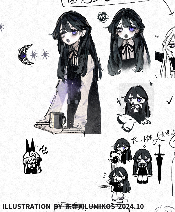lumikos, original, 1girl, black hair, chibi, chibi inset, closed mouth, cup, hair between eyes, heterochromia, long hair, mug, multiple views, neck ribbon, open mouth, purple eyes, ribbon, shirt, sketch, sparkle