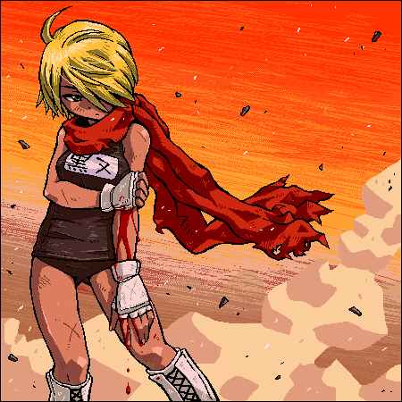 lowres, 1girl, black one-piece swimsuit, bleeding, blonde hair, blood, cuts, dutch angle, female focus, fingerless gloves, gloves, hair over one eye, injury, leaning, name tag, oekaki, one-piece swimsuit, red scarf, red sky, scarf, school swimsuit, sky, solo, swimsuit, wind