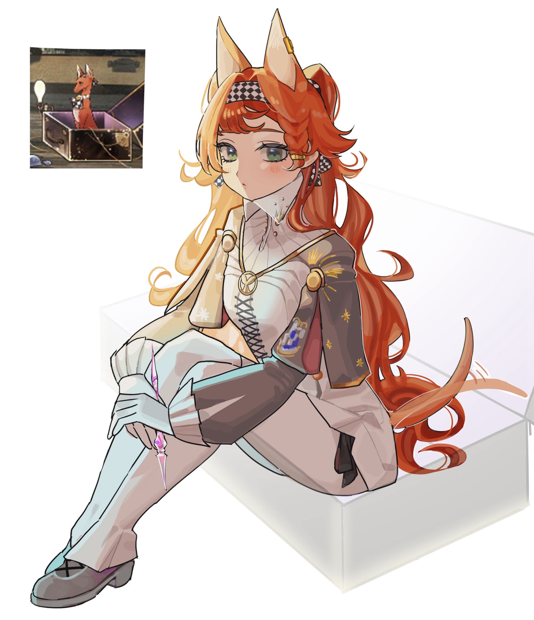 perapera o2, sonetto (reverse:1999), reverse:1999, highres, 1girl, animal ears, animalization, box, checkered hairband, collared dress, dog, dog ears, dog tail, dress, full body, game screenshot inset, glass pen, gloves, green eyes, grey shoes, grey sleeves, greyhound, hairband, high collar, holding, holding pen, kemonomimi mode, long hair, looking at viewer, on box, orange hair, pants, pants under dress, pen, shoes, sitting, solo, tail, tail wagging, two side up, very long hair, white background, white dress, white gloves, white pants