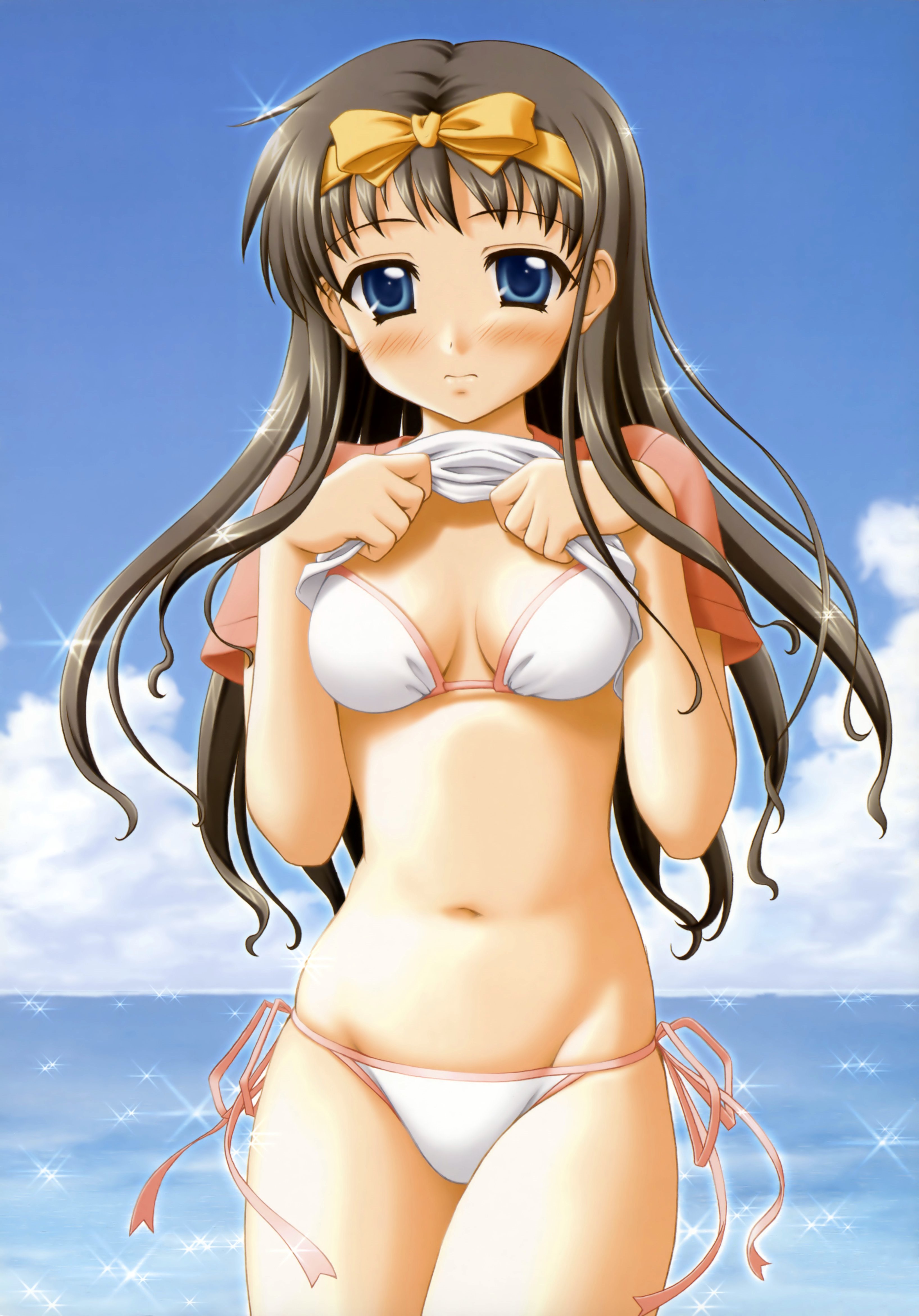 sin-go, absurdres, highres, 1girl, bikini, blue eyes, blush, brown hair, clothes lift, day, female focus, hair ribbon, long hair, ocean, ribbon, shirt lift, side-tie bikini bottom, solo, sparkle, swimsuit, white bikini