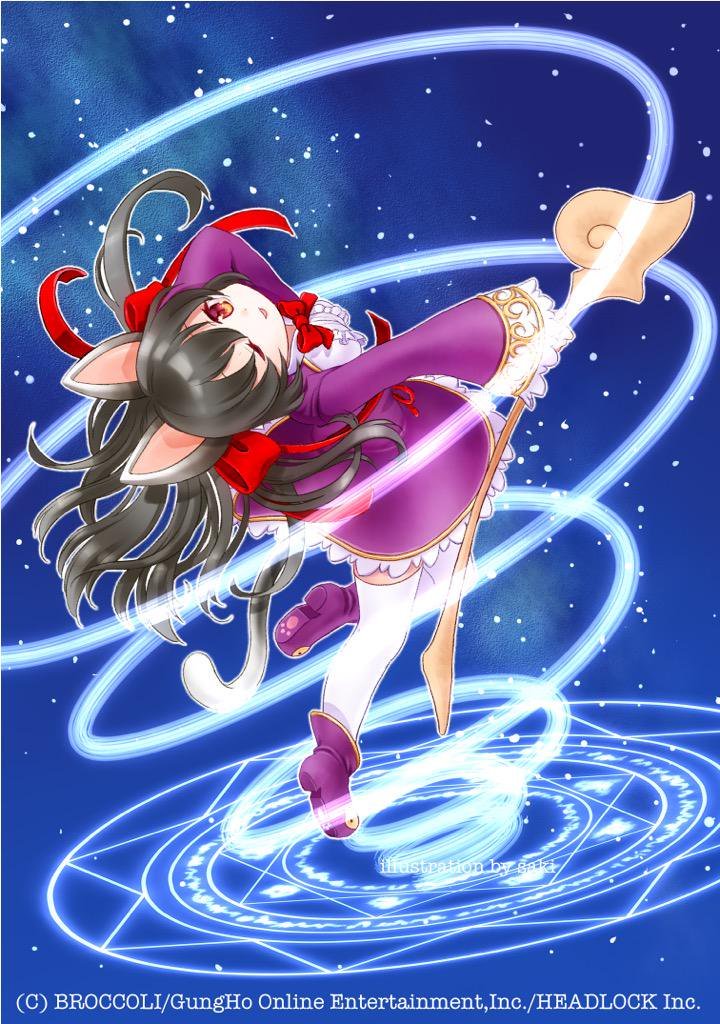emil chronicle online, 1girl, animal ears, arched back, black hair, blue background, bow, breasts, cat day, cat ears, cat girl, cat tail, company name, copyright notice, dress, frilled dress, frills, hair bow, holding, holding wand, large breasts, long hair, magic circle, mirochicchi, neck ribbon, one eye closed, purple dress, purple shoes, red bow, red eyes, ribbon, shoes, solo, syugoma kanade, tail, thighhighs, two side up, wand, white thighhighs