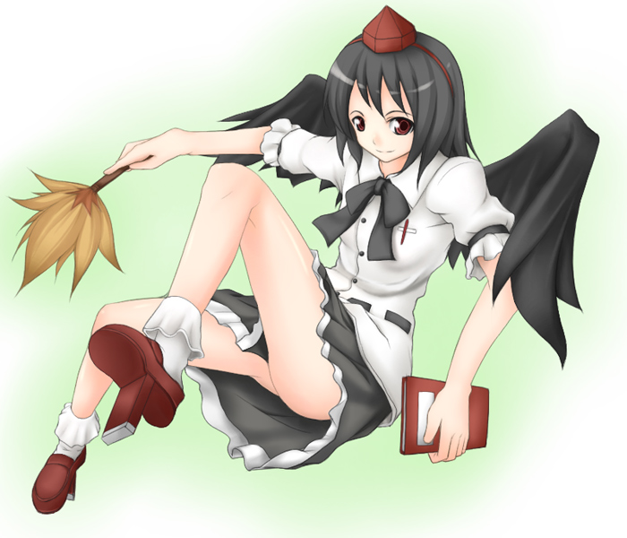 mitsuki (pixiv11671), mitsuki (toriaezu), shameimaru aya, touhou, bad id, bad pixiv id, 1girl, black hair, female focus, geta, hat, looking at viewer, red eyes, short hair, solo, tengu-geta, tokin hat, wings