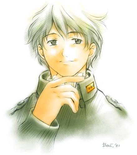yang wen-li, ginga eiyuu densetsu, lowres, 1boy, hand on own face, male focus, military, military uniform, solo