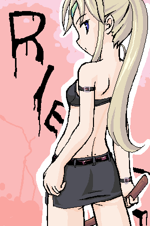 takayaki, riesz, seiken densetsu, seiken densetsu 3, lowres, 1girl, alternate costume, armlet, ass, back, belt, black bra, black skirt, bokken, bra, character name, cowboy shot, cropped legs, female focus, jewelry, long hair, looking at viewer, looking back, miniskirt, no shirt, oekaki, ponytail, profile, skirt, solo, sword, underwear, weapon, white hair, wooden sword