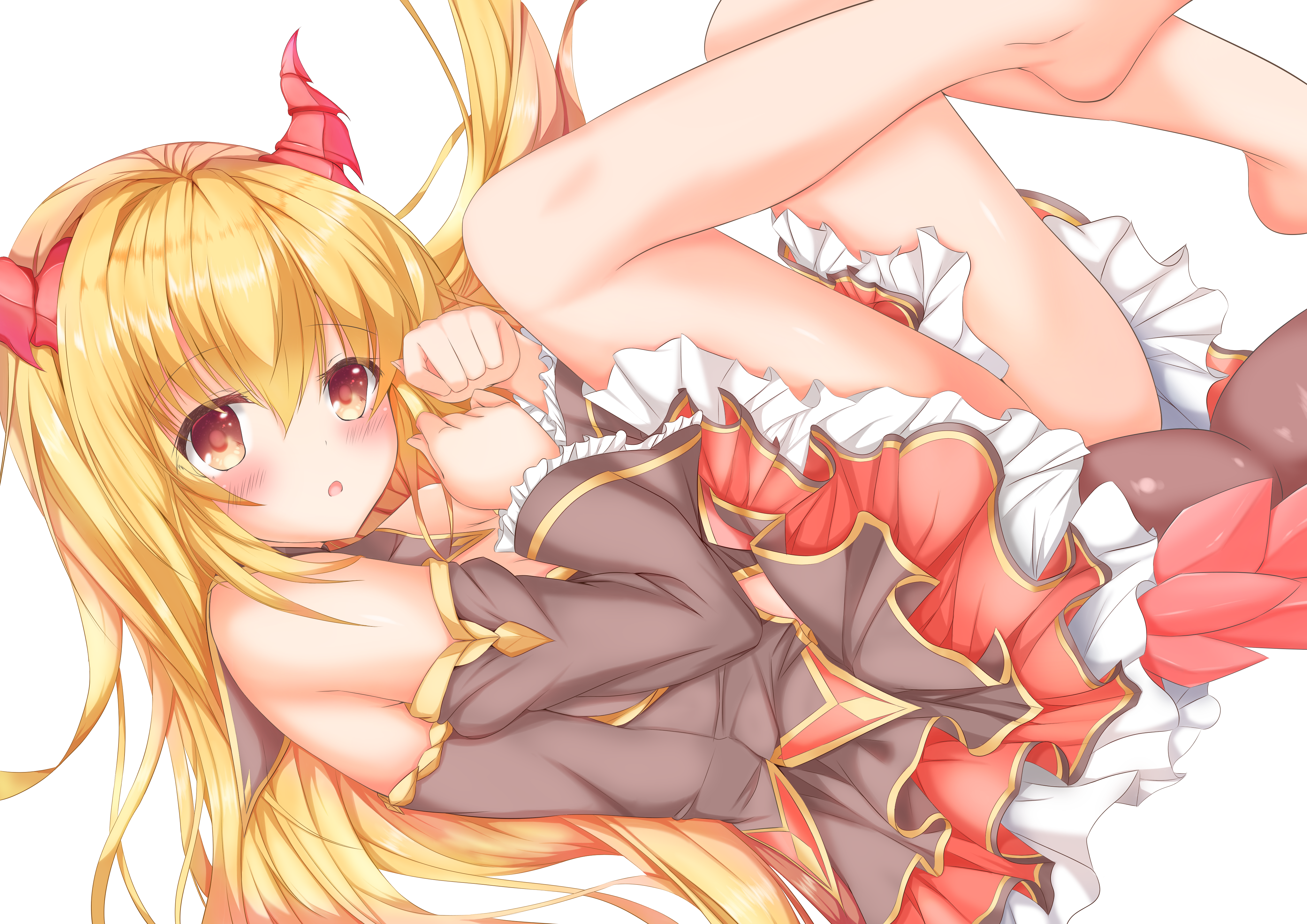 koyo aki (vtvd5277), haru (drapri guu-ta-life), drapri guu-ta-life, absurdres, commentary, highres, 1girl, :o, bare legs, bare shoulders, barefoot, black dress, blonde hair, blush, clenched hands, detached sleeves, dragon girl, dragon horns, dragon tail, dress, eyelashes, eyes visible through hair, frilled sleeves, frills, from above, full body, hair between eyes, hair spread out, hands up, horns, long hair, long sleeves, looking at viewer, lying, multicolored eyes, on side, open mouth, petticoat, red eyes, red skirt, short dress, simple background, skirt, solo, tail, tareme, thighs, two-tone eyes, very long hair, white background, wide sleeves, yellow eyes