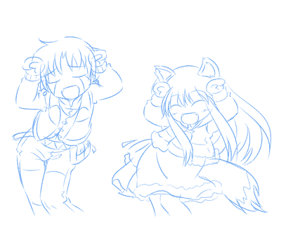 craft lawrence, holo, spice and wolf, animated, animated gif, lowres, 00s, 1boy, 1girl, animal ears, blue theme, caramelldansen, monochrome, tail, wolf ears