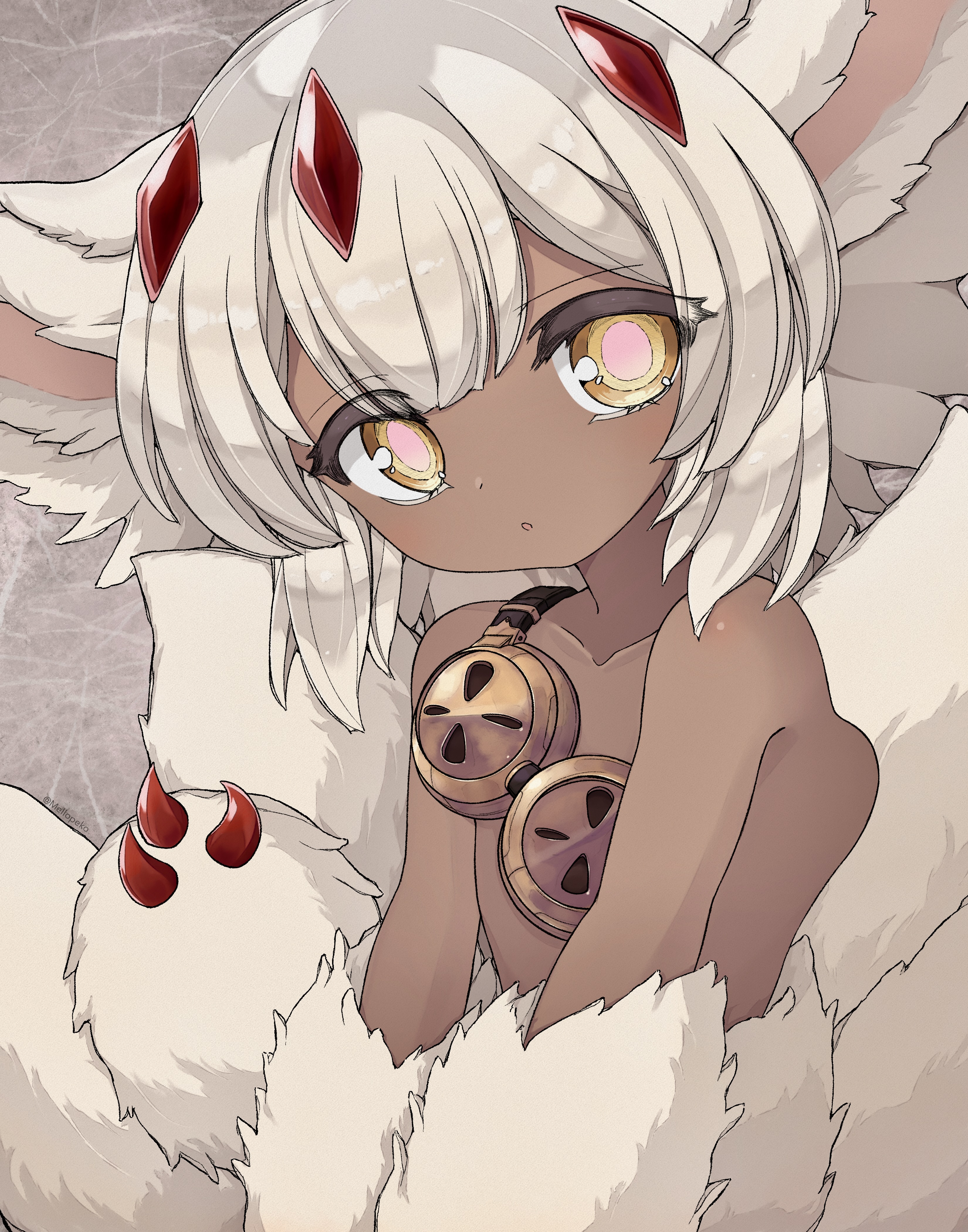 nakobon, faputa, made in abyss, absurdres, highres, 1girl, animal ears, body fur, dark-skinned female, dark skin, extra arms, fewer digits, goggles, goggles around neck, looking at viewer, monster girl, multiple tails, red claws, short hair, solo, tail, unworn goggles, white fur, white hair, yellow eyes