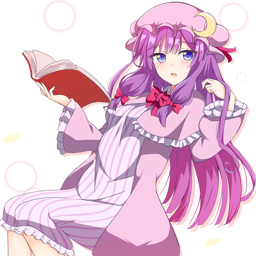 tanaka shoushou fumimaro, patchouli knowledge, touhou, commentary request, 1girl, blue eyes, blush, book, bow, bowtie, breasts, capelet, crescent, crescent hat ornament, dress, feet out of frame, frilled capelet, frilled dress, frills, hair bow, hat, hat ornament, holding, holding book, long hair, long sleeves, looking at viewer, medium breasts, mob cap, open book, parted lips, pink background, pink capelet, pink dress, pink hat, purple hair, red bow, red bowtie, red ribbon, ribbon, sitting, solo, striped clothes, striped dress