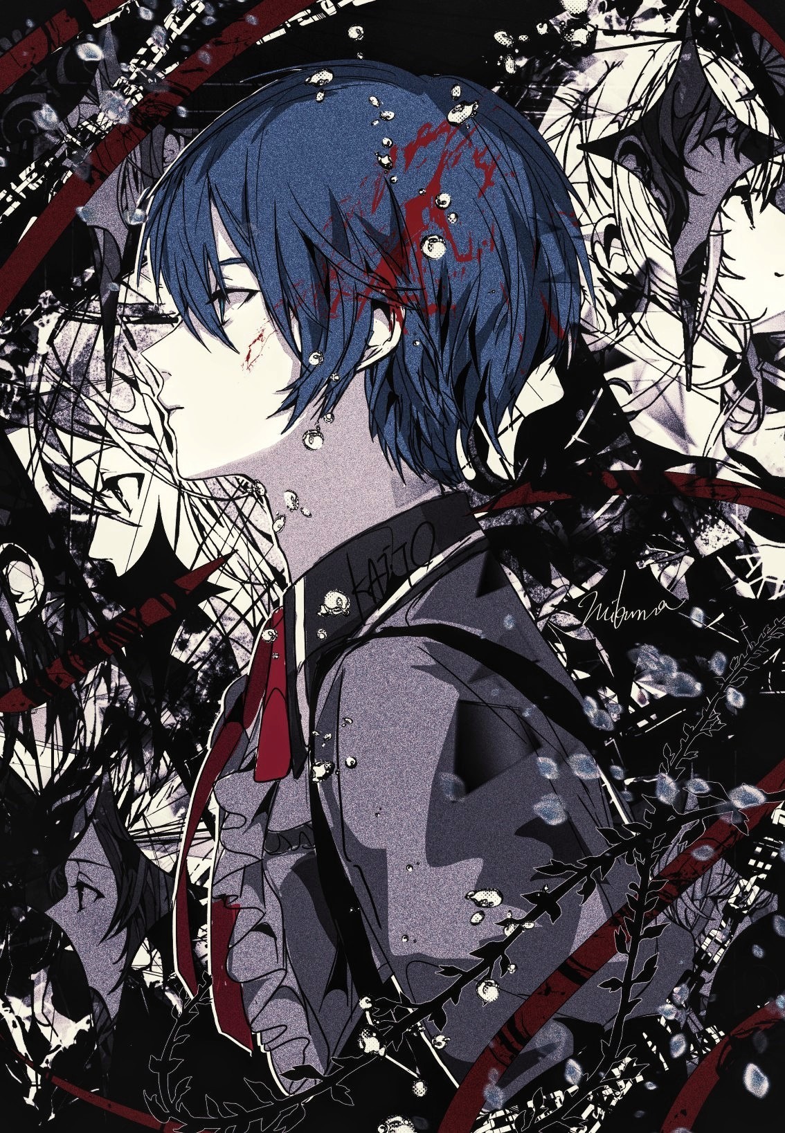 3kuma, 25-ji kaito, akiyama mizuki, asahina mafuyu, kaito (vocaloid), shinonome ena, yoisaki kanade, project sekai, vocaloid, commentary request, highres, 1boy, 2girls, blue hair, collared shirt, cropped torso, frilled shirt, frills, from side, grey shirt, hair behind ear, looking ahead, looking down, male focus, multiple girls, neck ribbon, parted bangs, profile, red ribbon, ribbon, shirt, solo focus
