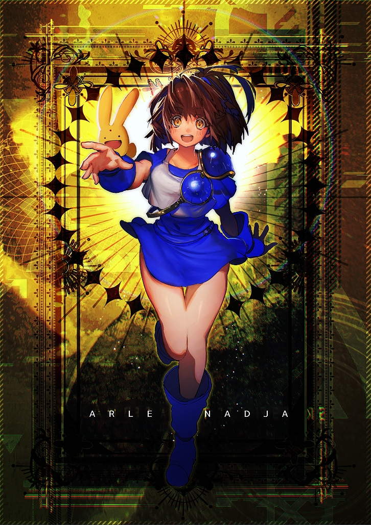 narita imomushi, arle nadja, carbuncle (puyopuyo), puyopuyo, commentary request, 1girl, belt, belt buckle, blue belt, blue boots, blue dress, boots, brown eyes, brown hair, buckle, character name, creature, creature on arm, dress, full body, looking at viewer, open mouth, ponytail, short dress, single shoulder pad, smile, standing, standing on one leg, tank top, teeth, thighs, upper teeth only, white tank top, wristband, yellow background