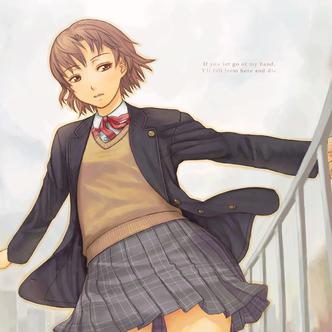 itou (onsoku tassha), original, 1girl, blazer, bow, brown eyes, brown hair, female focus, jacket, outdoors, pleated skirt, railing, ribbon, school uniform, short hair, skirt, sky, solo