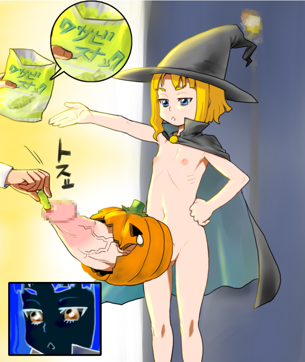 maruchiro, original, translated, 1futa, armpits, blonde hair, blood, blue eyes, cape, censored, costume, flat chest, futanari, halloween, hat, huge penis, inverted colors, jack-o'-lantern, loli, mosaic censoring, nipples, pain, penis, pumpkin, ribs, short hair, skinny, solo, solo focus, spicy, tears, trick or treat, urethral insertion, veins, veiny penis, wasabi, witch, witch hat