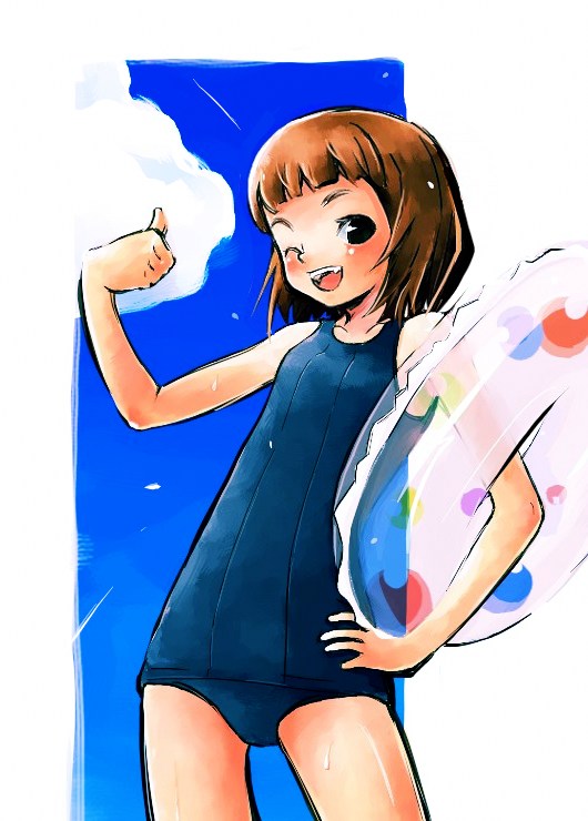 kanii rate, black eyes, blunt bangs, bob cut, brown hair, innertube, one-piece swimsuit, one eye closed, school swimsuit, short hair, swim ring, swimsuit, thumbs up, wink