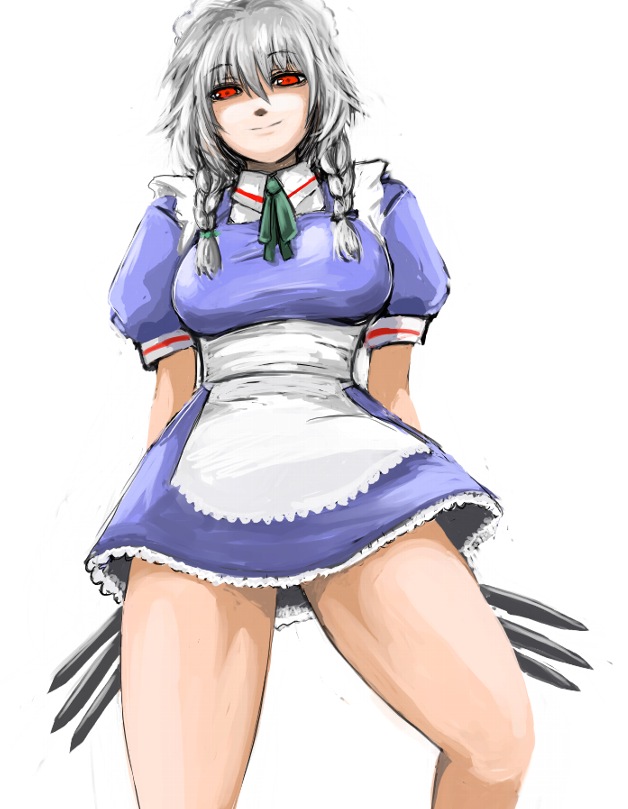 ginji (sakaki summer), izayoi sakuya, touhou, silver hair, 1girl, braid, female focus, knife, red eyes, short hair, solo, throwing knife, twin braids, weapon