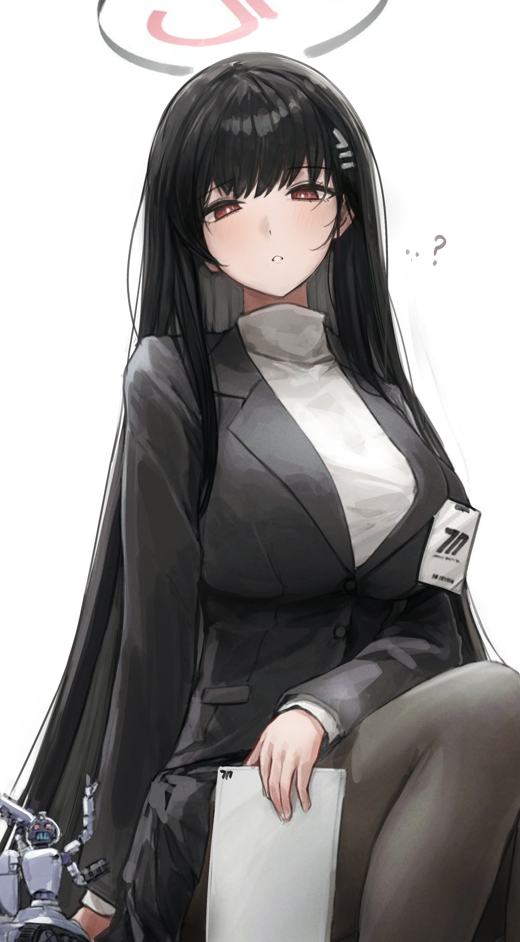gabang, avant garde (blue archive), rio (blue archive), blue archive, absurdres, commentary, highres, 1girl, black hair, black halo, black pantyhose, black suit, breasts, bright pupils, feet out of frame, formal clothes, hair behind ear, hair ornament, hairpin, halo, holding, holding tablet pc, id card, large breasts, long hair, long sleeves, looking at viewer, pantyhose, suit, tablet pc