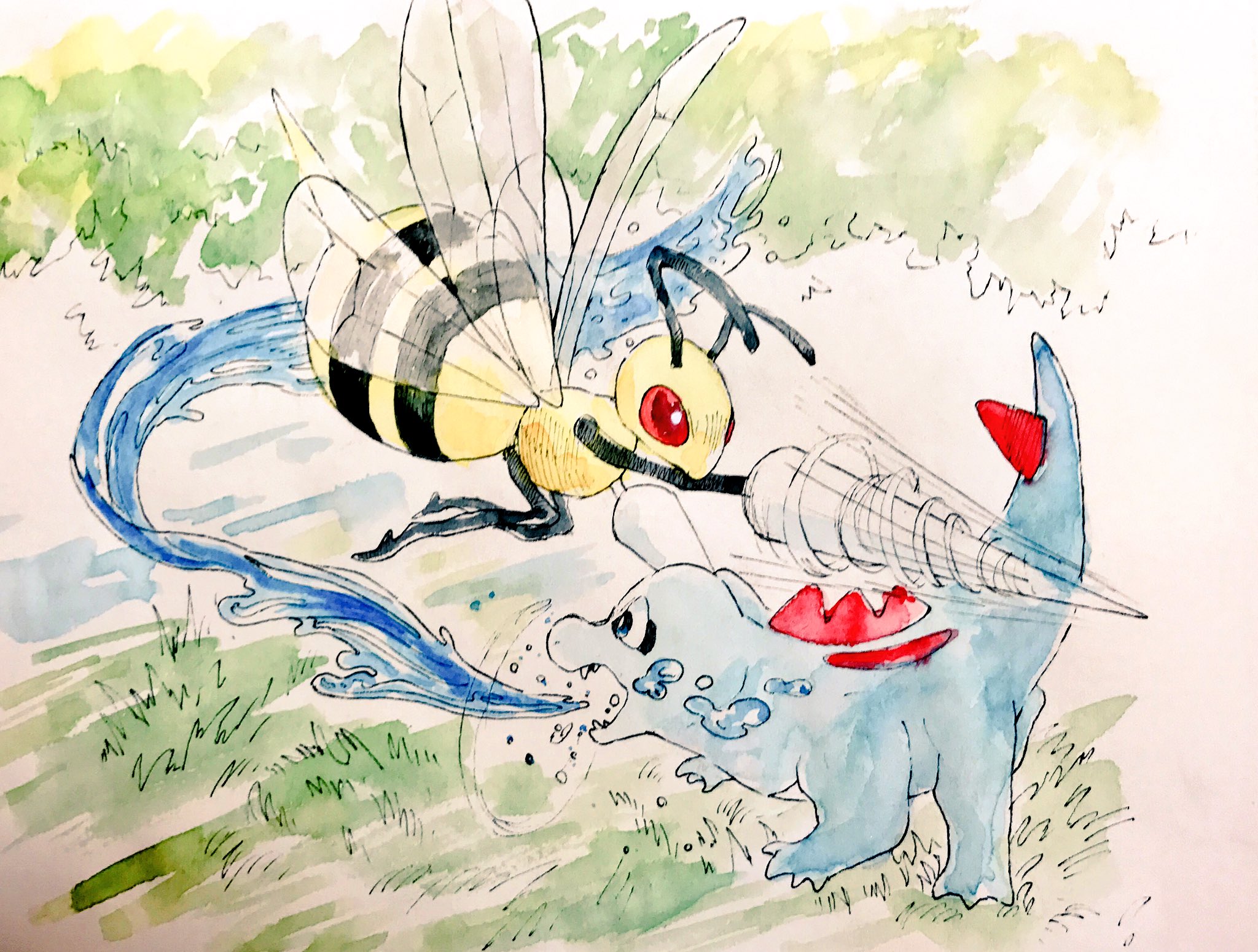 mint nappa, beedrill, totodile, nintendo, pokemon, commentary request, highres, painting (medium), traditional media, watercolor (medium), breath weapon, full body, gen 1 pokemon, gen 2 pokemon, no humans, open mouth, outdoors, pokemon (creature), red eyes, sharp teeth, stab, teeth, water drop, water gun (pokemon)