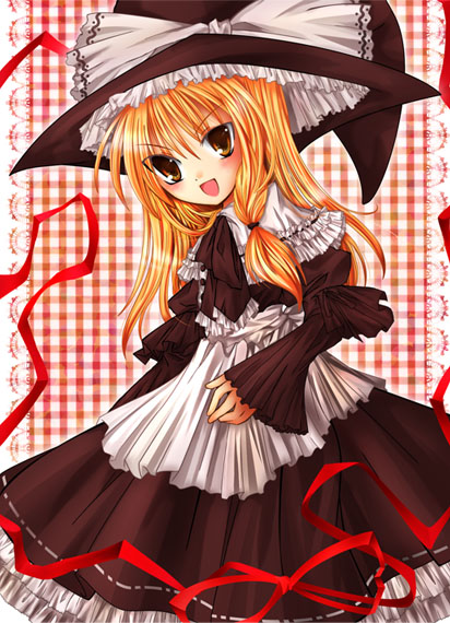 kirisame marisa, touhou, 1girl, apron, blonde hair, bow, dress, female focus, frills, hat, long hair, plaid background, solo, witch hat, yellow eyes