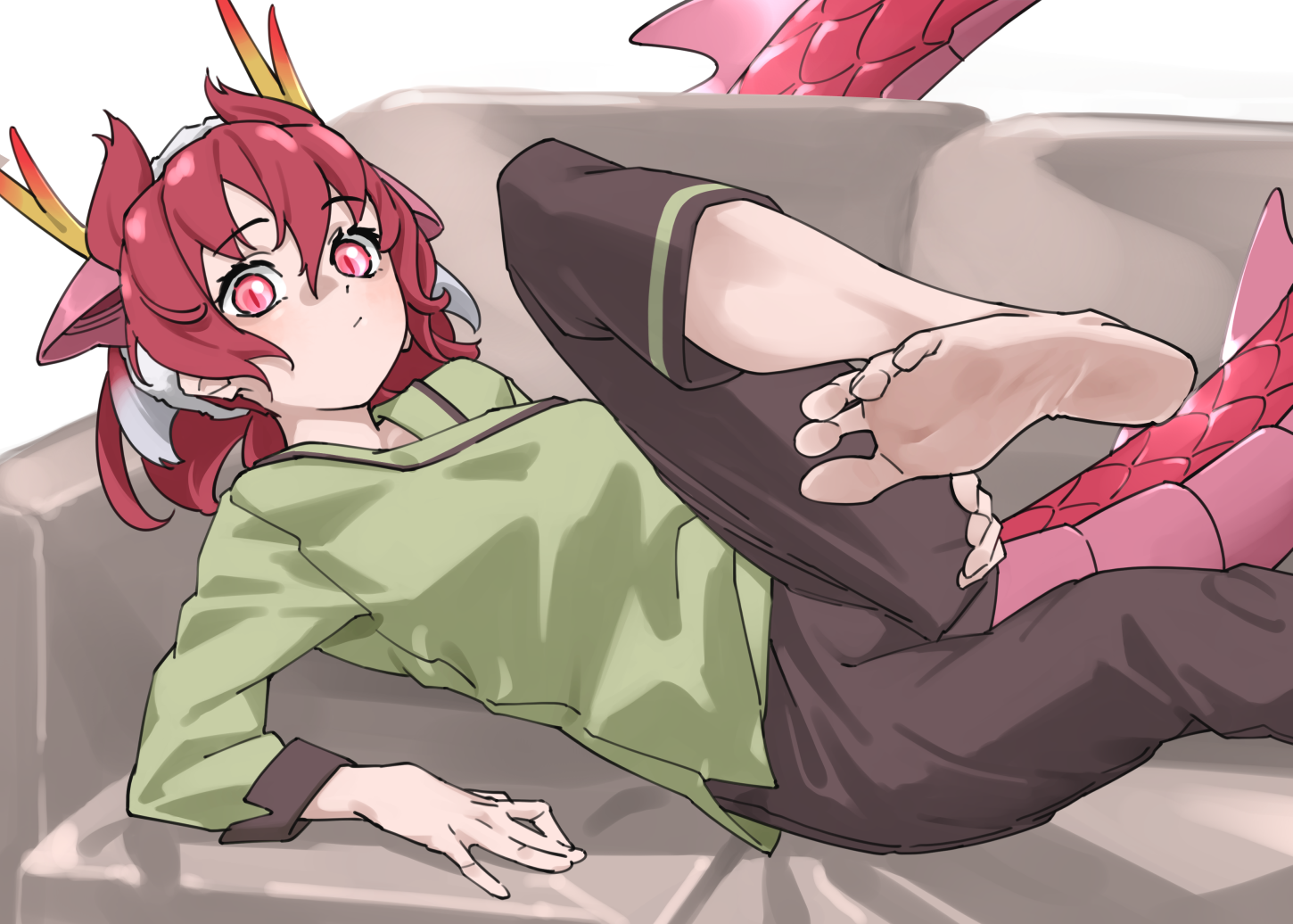 tanabe (fueisei), red dragon (kemono friends), kemono friends, commentary, 1girl, barefoot, brown pants, casual, couch, dragon girl, dragon horns, dragon tail, extra ears, feet, green shirt, hair between eyes, horns, long sleeves, looking at viewer, lying, multicolored hair, on back, on couch, pants, red eyes, red hair, shirt, slit pupils, soles, solo, tail, toes, white hair