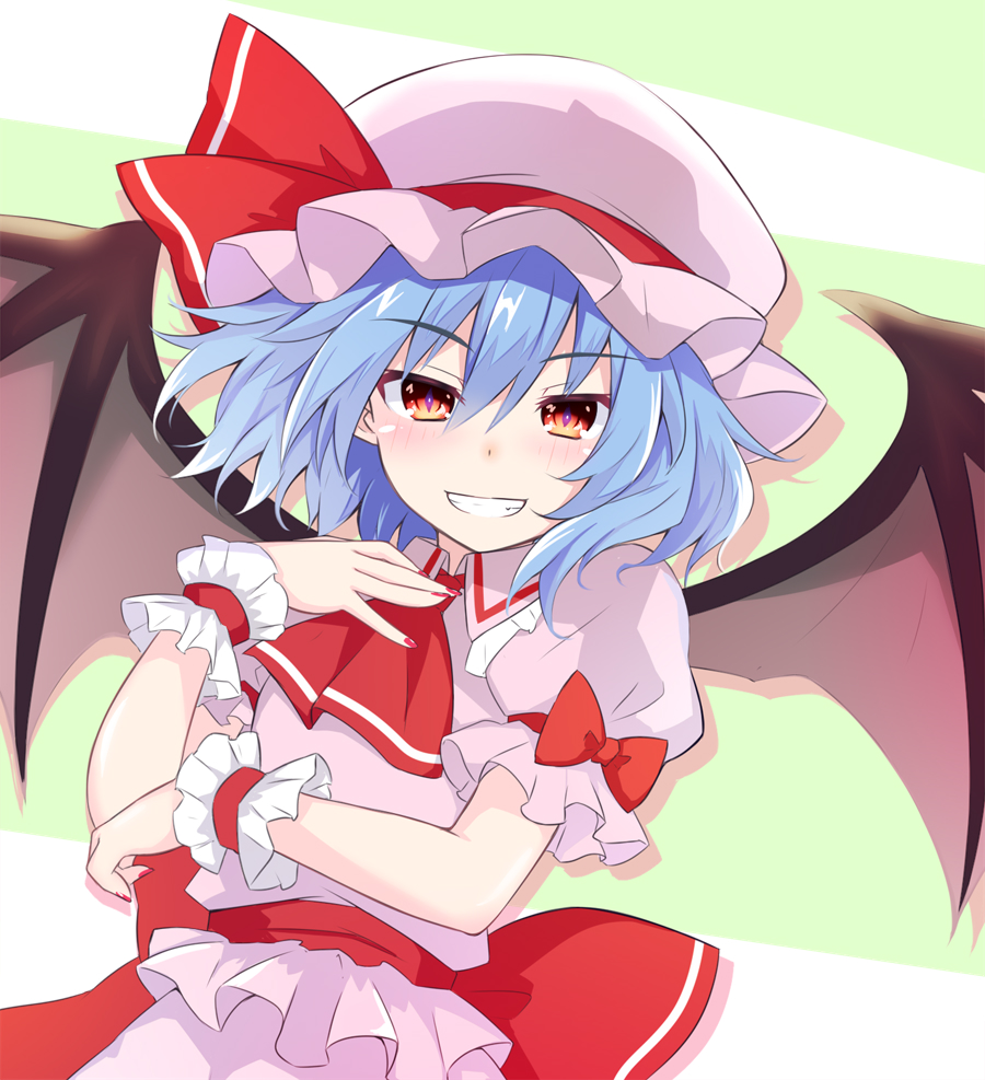 tanaka shoushou fumimaro, remilia scarlet, touhou, commentary request, 1girl, ascot, back bow, bat wings, blue hair, blush, bow, frilled wrist cuffs, frills, green background, grin, hand on own chest, hat, hat ribbon, medium hair, mob cap, open mouth, pink hat, pink shirt, pink skirt, puffy short sleeves, puffy sleeves, red ascot, red bow, red eyes, red nails, red ribbon, ribbon, shirt, short sleeves, skirt, slit pupils, smile, solo, upper body, wings, wrist cuffs