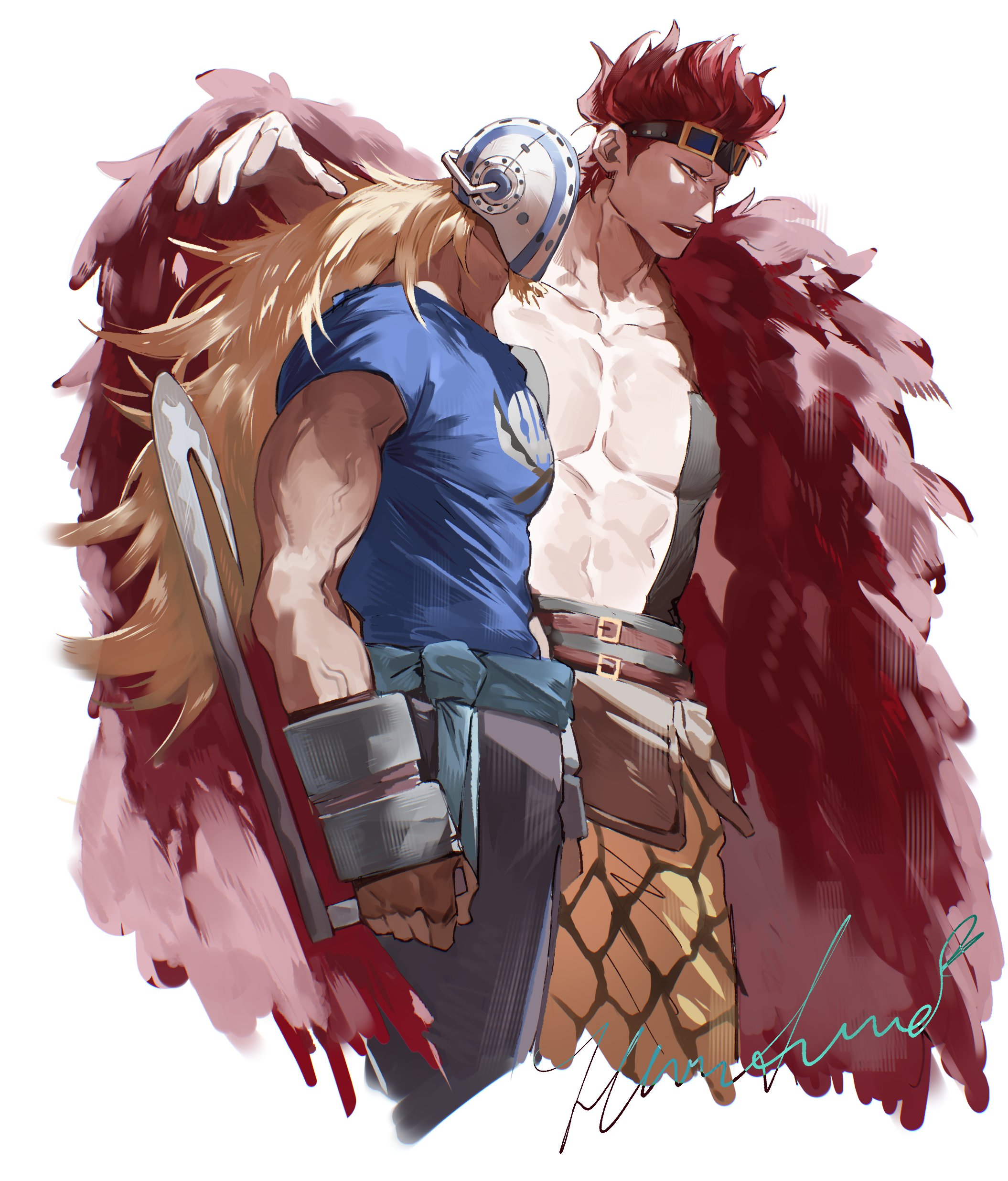 flavedochen, eustass kid, killer (one piece), one piece, absurdres, commentary, highres, symbol-only commentary, 2boys, abs, arm up, bare pectorals, belt, belt buckle, blonde hair, blue sash, blue shirt, brown belt, buckle, cape, cropped legs, feathered cape, grey pants, headband, holding, holding weapon, long hair, male focus, multiple belts, multiple boys, pants, parted lips, patterned clothing, pectorals, print shirt, red cape, red eyes, red hair, sash, shirt, short hair, short sleeves, simple background, standing, t-shirt, teeth, very long hair, weapon, white background