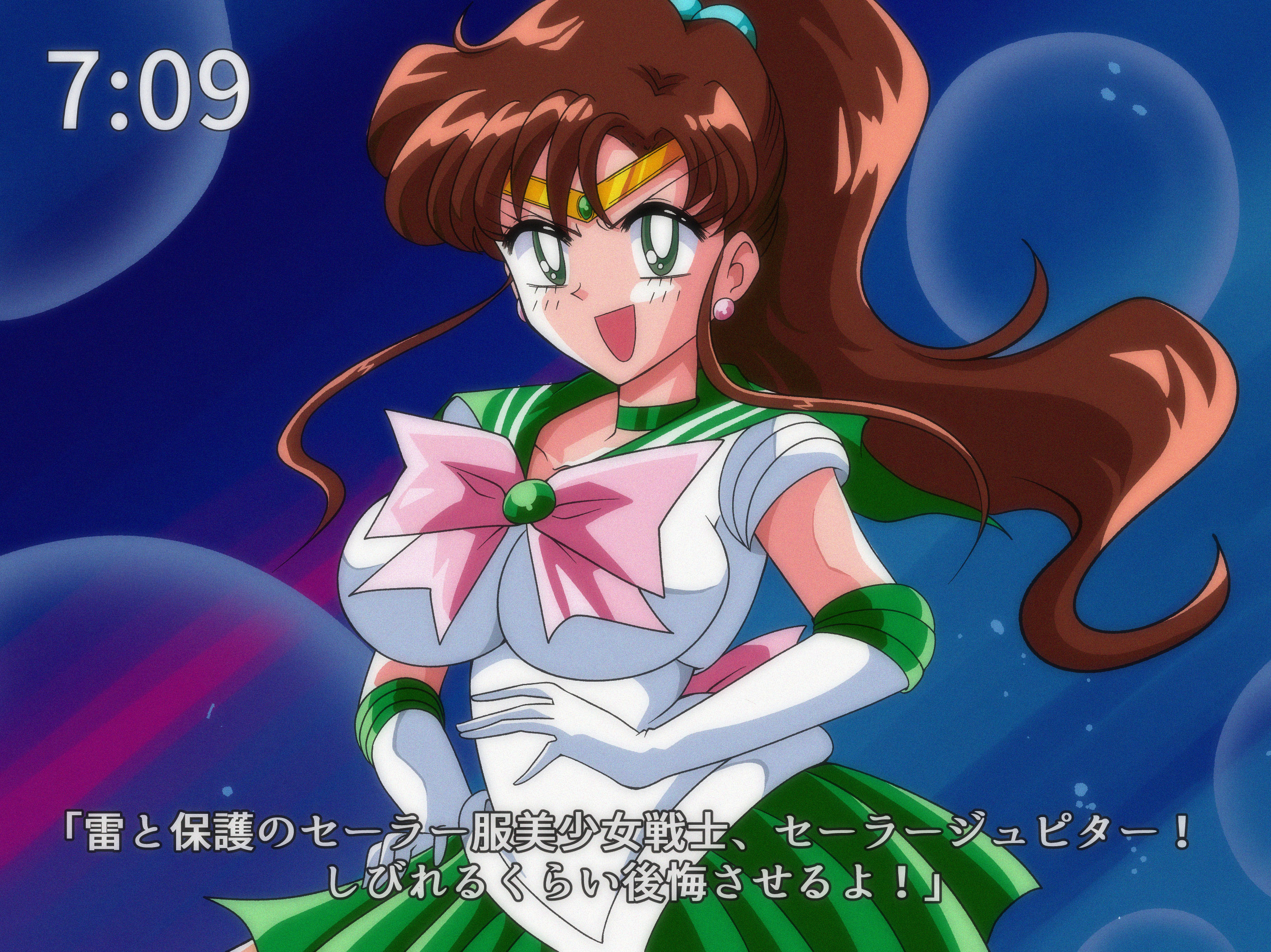 miwijag1997, kino makoto, sailor jupiter, bishoujo senshi sailor moon, commission, highres, pixiv commission, translation request, 1990s (style), bow, bowtie, brown hair, choker, circlet, elbow gloves, gloves, green choker, green eyes, green sailor collar, green skirt, hair bobbles, hair ornament, long hair, pink bow, pink bowtie, pleated skirt, ponytail, retro artstyle, sailor collar, sailor senshi uniform, skirt, smile, white gloves