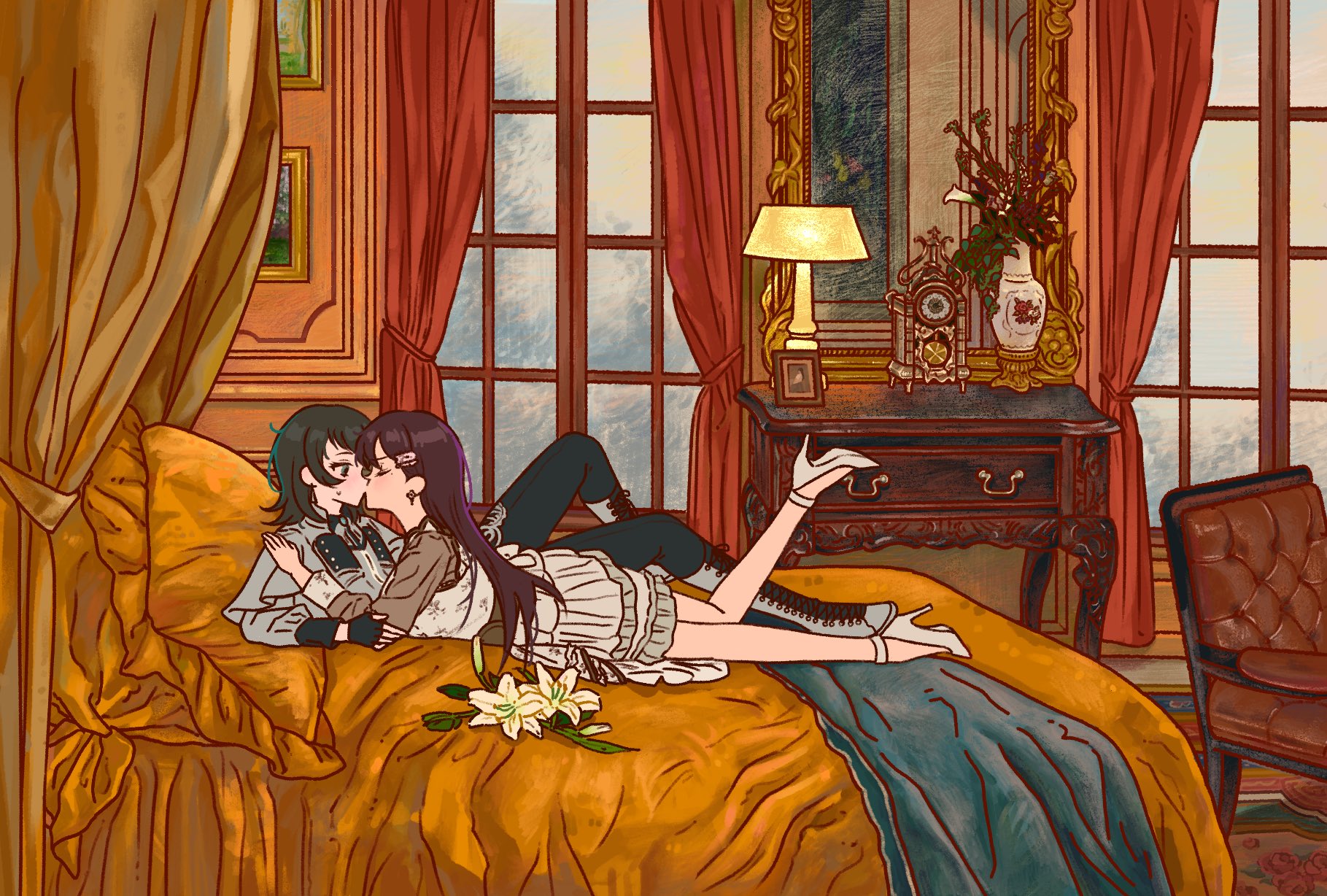 eoljukko, shiina taki, yahata umiri, bang dream!, bang dream! it's mygo!!!!!, highres, 2girls, armchair, black gloves, black hair, black pants, blue eyes, boots, brown hair, chair, closed eyes, curtains, earrings, fingerless gloves, flower, gloves, grey boots, grey shirt, hand on another's shoulder, high heels, indoors, jewelry, knee boots, lamp, lily (flower), long hair, mole, mole under eye, multiple girls, on bed, pants, shirt, shoes, sweat, white flower, white shoes, window, yuri