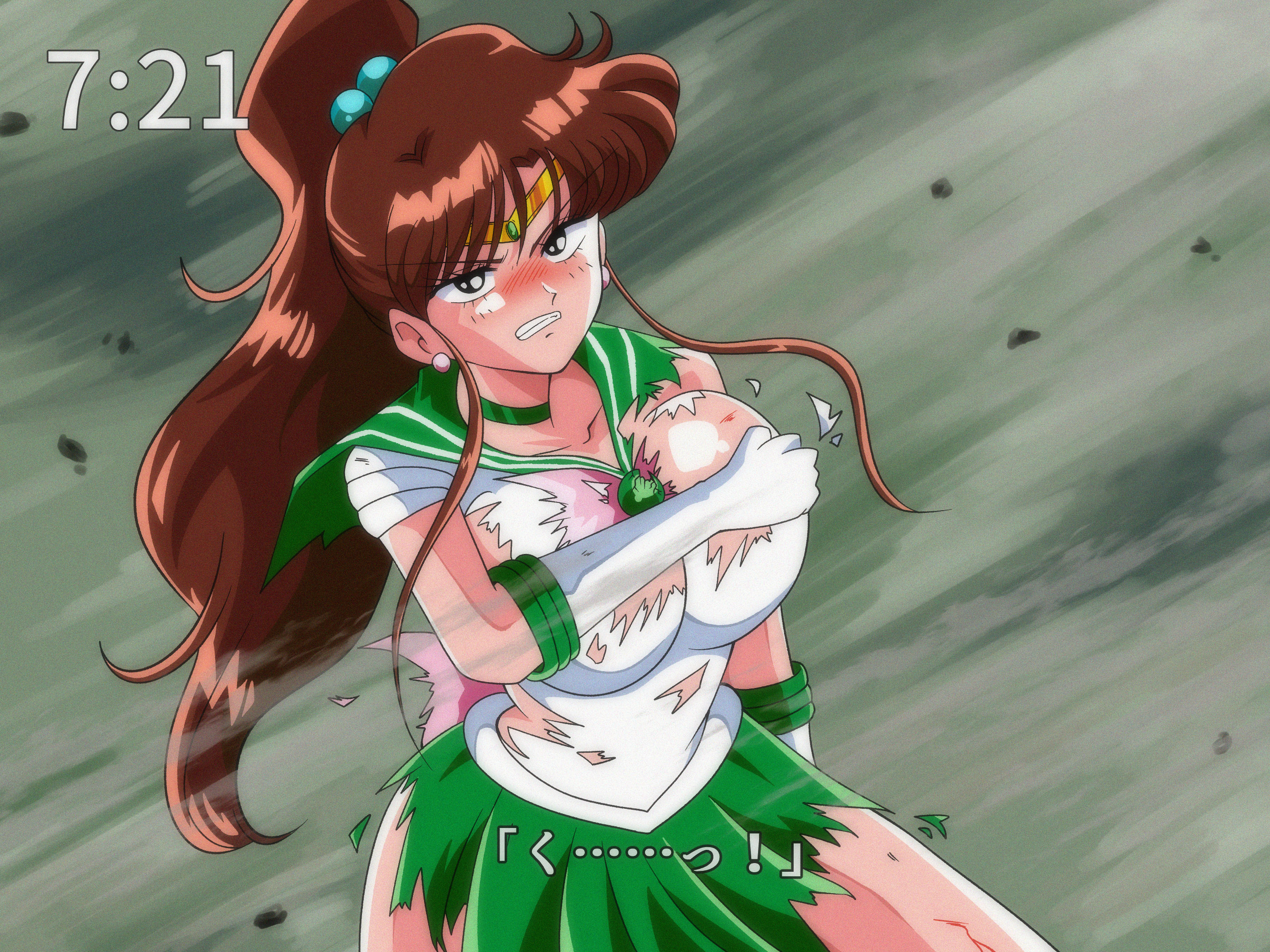 miwijag1997, kino makoto, sailor jupiter, bishoujo senshi sailor moon, commission, highres, pixiv commission, translation request, 1990s (style), 1girl, angry, blood, blush, bow, bowtie, breasts, brown hair, choker, circlet, elbow gloves, gloves, green choker, green eyes, green sailor collar, green skirt, hair bobbles, hair ornament, large breasts, long hair, peril, pink bow, pink bowtie, pleated skirt, ponytail, retro artstyle, sailor collar, sailor senshi uniform, skirt, solo, torn clothes, white gloves