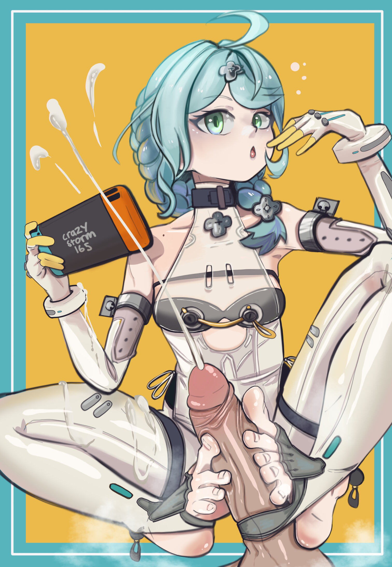 crazystorm165, seed (zenless zone zero), zenless zone zero, highres, 1girl, barefoot, blue hair, cum, ejaculation, feet, footjob, green eyes, hat, long hair, looking at viewer, nintendo switch, open mouth, steam, stirrup legwear, toeless legwear, toes