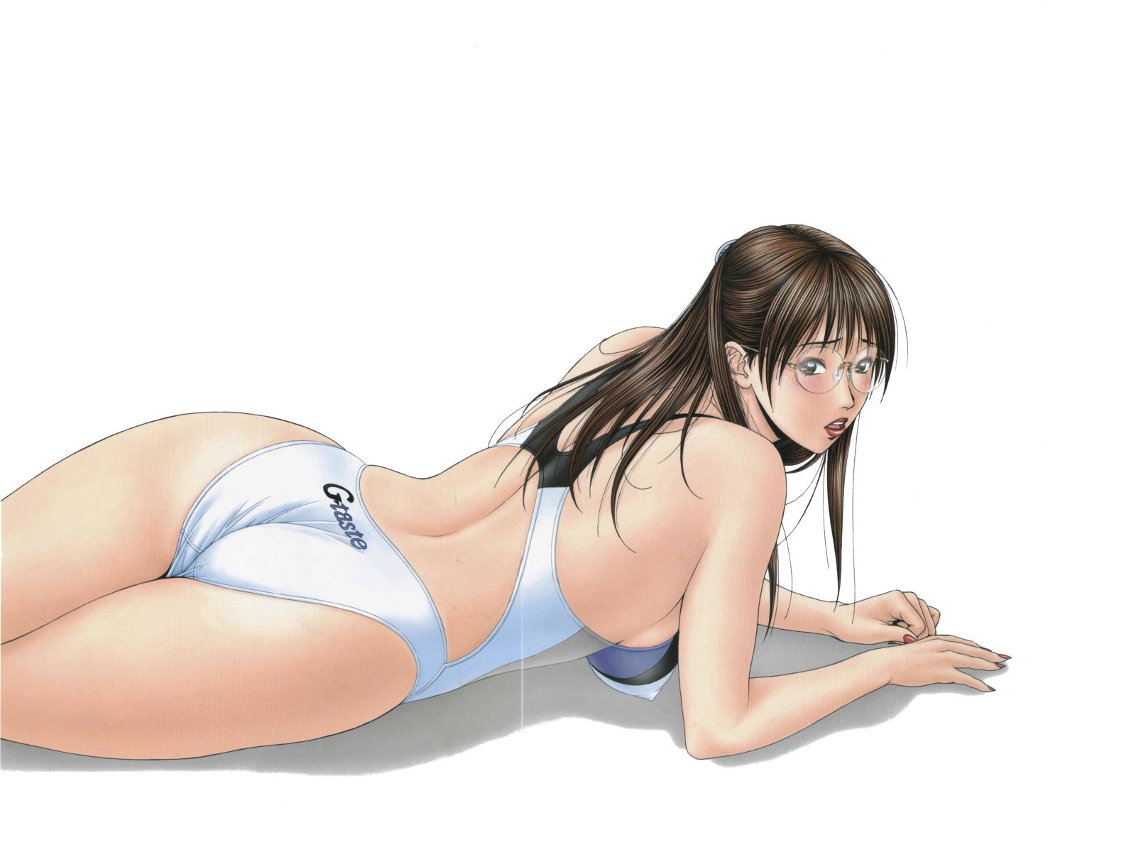 yagami hiroki, mizukoshi sayaka, g-taste, highres, 1girl, ass, back, black hair, blush, breasts, brown eyes, competition swimsuit, covered erect nipples, female focus, glasses, large breasts, lipstick, long hair, looking back, lying, makeup, nail polish, on stomach, one-piece swimsuit, open mouth, red nails, solo, swimsuit, thighs