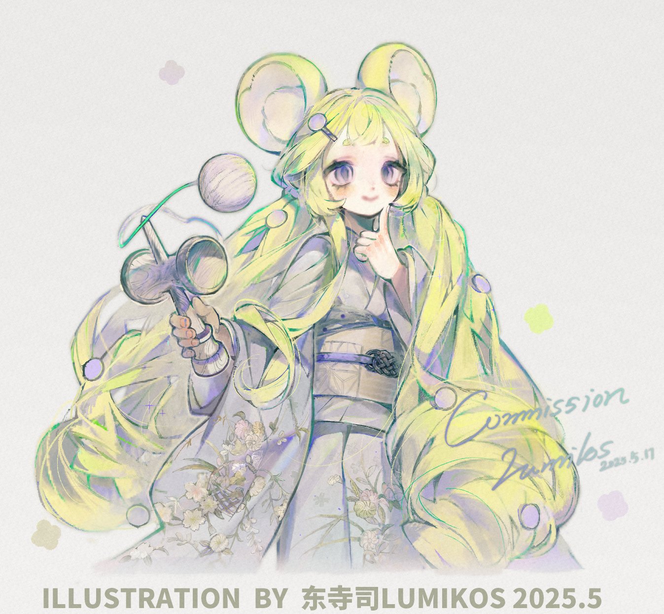 lumikos, original, highres, 1girl, animal ear fluff, animal ears, blonde hair, chinese zodiac, floral print, hair ornament, japanese clothes, kimono, long hair, mouse ears, obi, personification, sash, very long hair