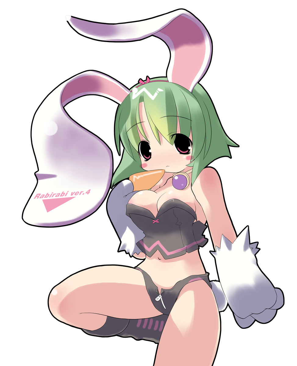highres, animal ears, blush, boots, gloves, green hair, rabbit ears, red eyes, solo, tail