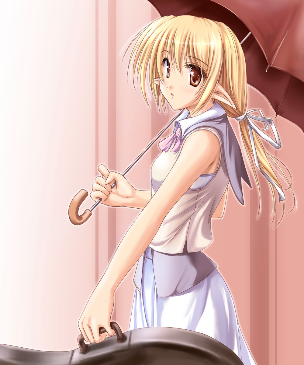 tenmaso, highres, blonde hair, blush, pointy ears, red eyes, ribbon, solo, umbrella