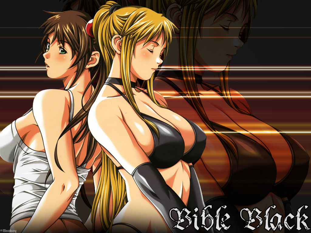 sei shoujo, imari kurumi, saeki kaori, bible black, 00s, 2girls, bare shoulders, blonde hair, blue eyes, blush, breasts, brown hair, camisole, cleavage, closed eyes, elbow gloves, gloves, green eyes, large breasts, multiple girls, ponytail, zoom layer